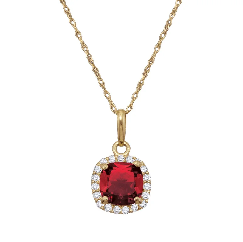 genuine ruby ring women 6MM Cushion Ruby and White Sapphire Birthstone 18-inch Pendant in 10KT Yellow Gold