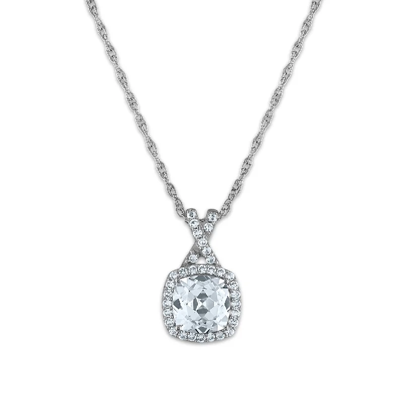 handmade resin flower earrings 7MM Cushion Sapphire and White Sapphire Halo Fashion 18-inch Pendant in Rhodium Plated Sterling Silver