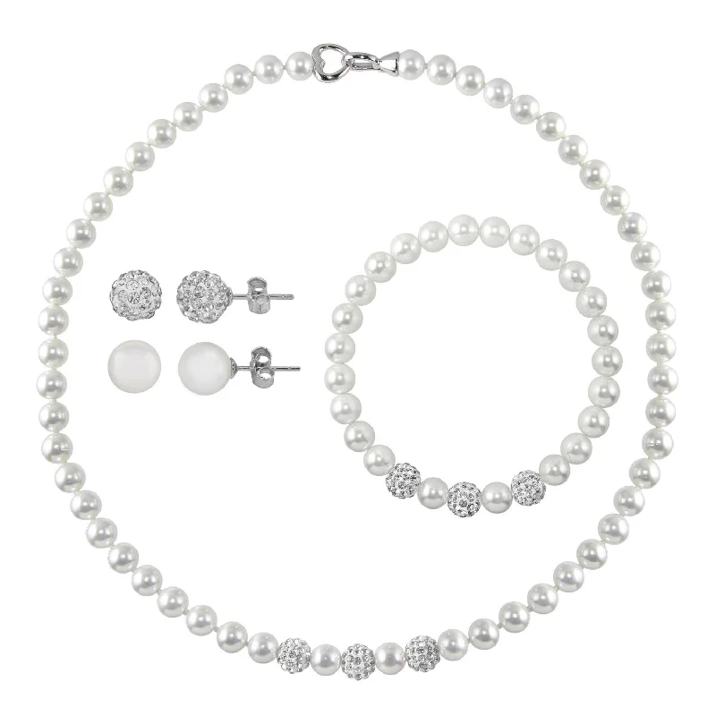 simple crystal earrings 7MM Round Shell Pearl and Crystal Gem Stone Box Set 18-inch Necklace in Sterling Silver