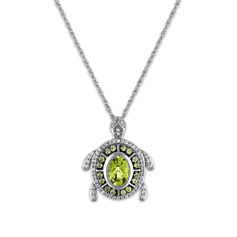 handmade gemstone anklet boho 7X5MM Oval Peridot and White Sapphire Fashion Turtle 18-inch Pendant in Rhodium Plated Sterling Silver