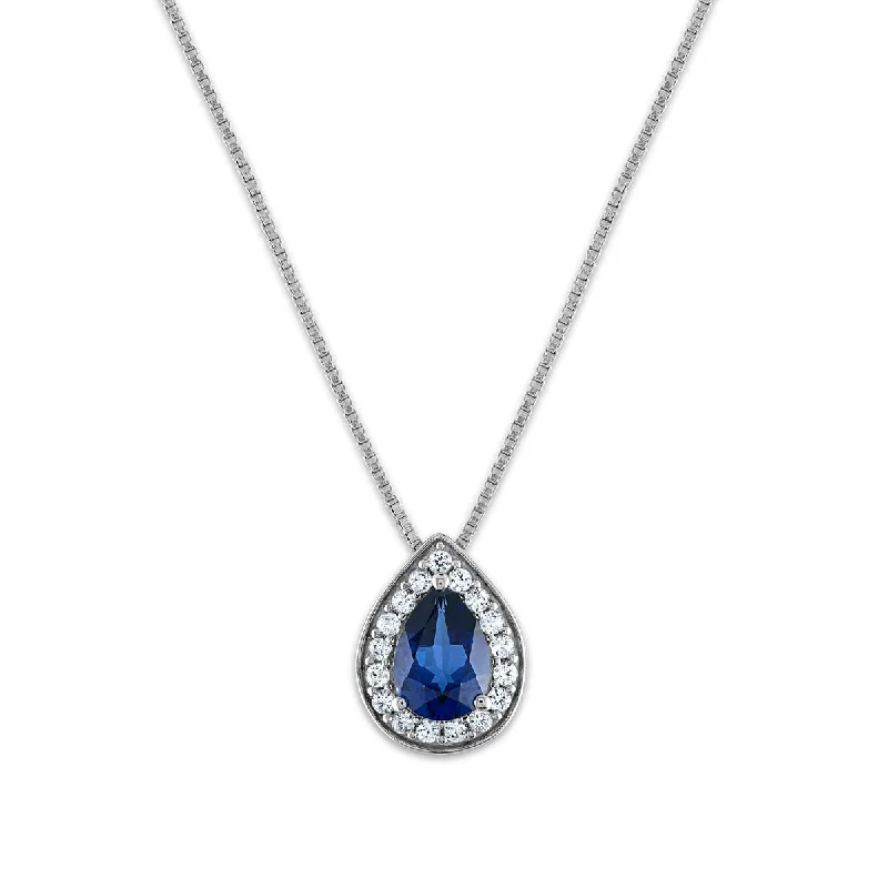 unique zodiac constellation necklace 7X5MM Pear Ceylon Sapphire and White Sapphire Halo 18-inch Pendant in Rhodium Plated Sterling Silver