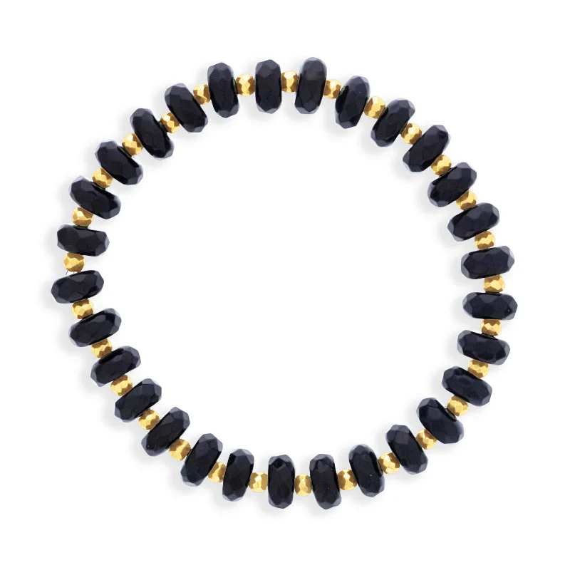natural jade ring Alternating Black Agate and Gold Filled Beads, Stretch Bracelet