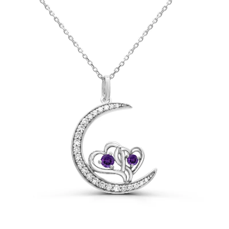 minimalist sapphire drop necklace Amethyst and White Sapphire 18-inch Heart Moon Pendant in Sterling Silver
