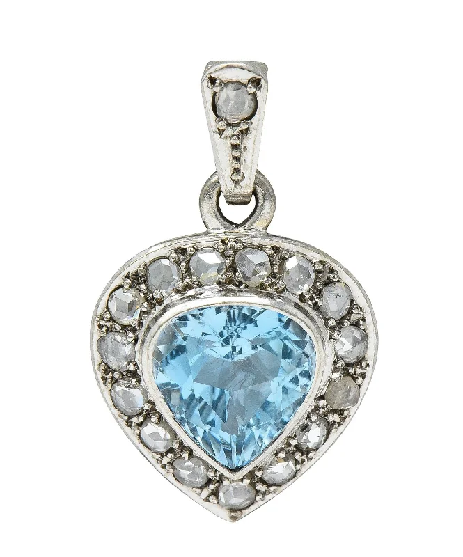 minimalist cuff bracelet adjustable Art Deco 3.07 CTW Aquamarine Diamond 14 Karat White Gold Vintage Heart Pendant