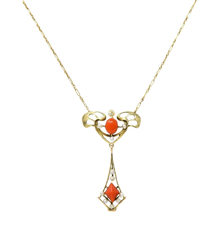 infinity couple’s ring matching set Art Nouveau Pearl Coral 14 Karat Yellow Gold Whiplash Antique Station Drop Necklace