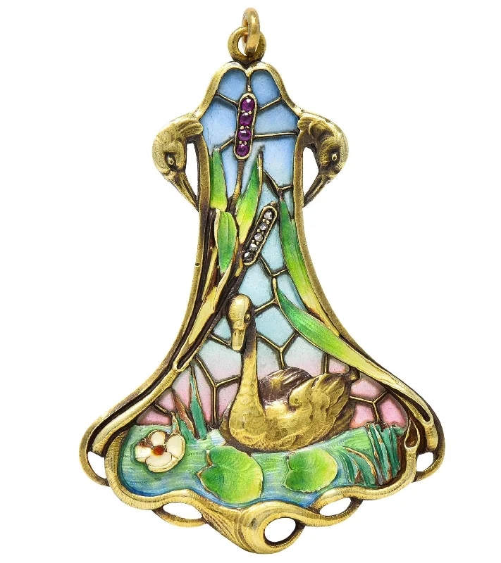 gold mesh bangle bracelet Art Nouveau Plique-A-Jour Enamel 14 Karat Gold Antique Swan Bird Lake Lily Pad Pendant Necklace