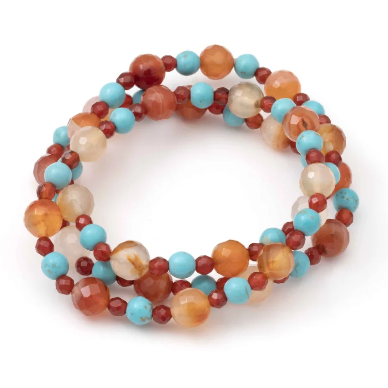 handmade leather ring Carnelian and Turquoise Stretch Bracelets, Set of 3