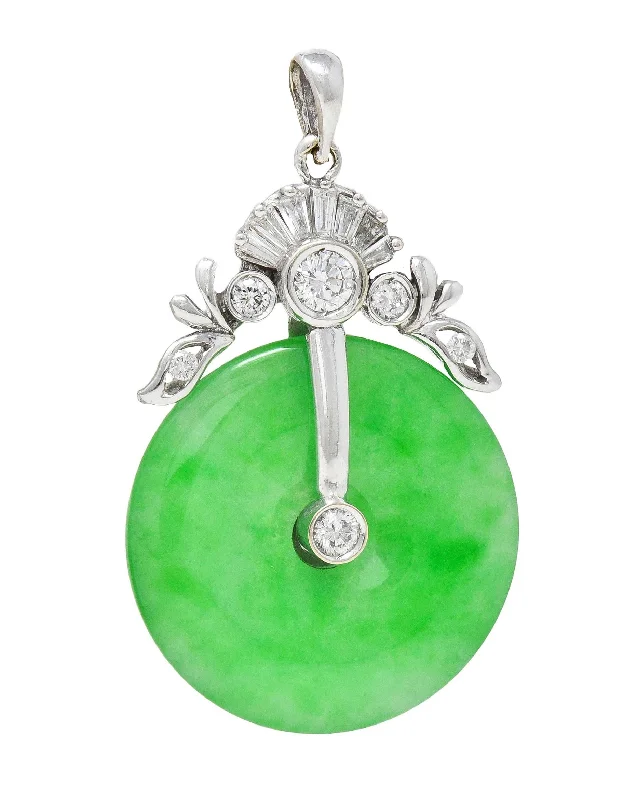 twisted rope gold chain Contemporary Diamond Carved Jade 14 Karat White Gold Pi Disk Pendant