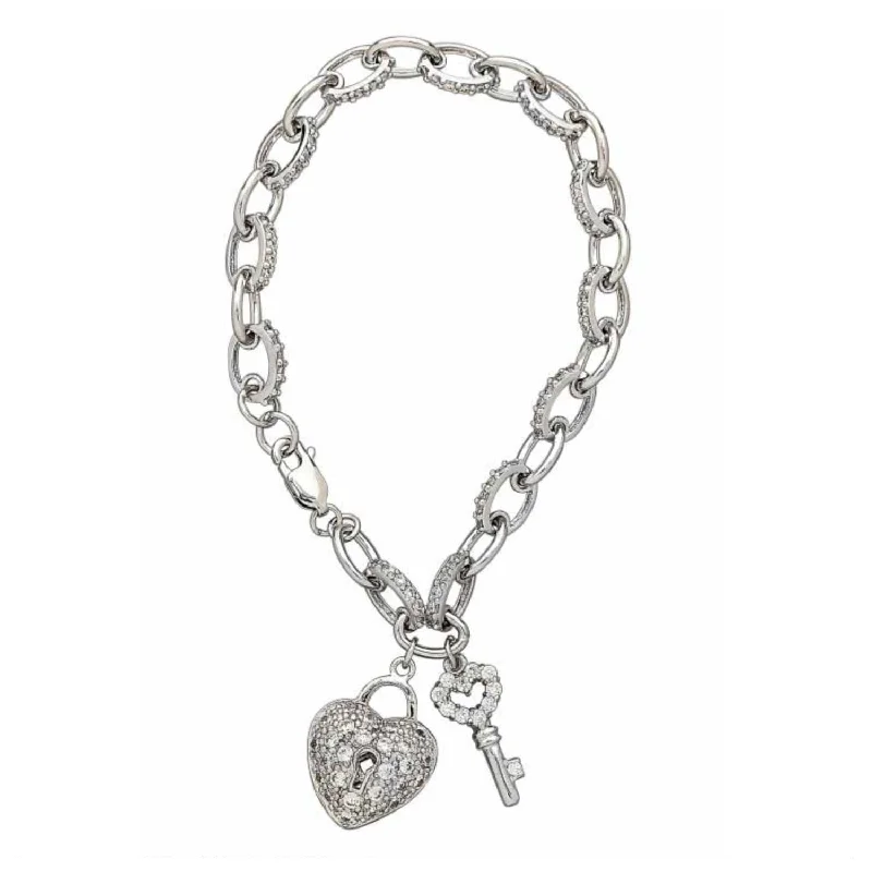 opal gemstone halo ring CZ Heart Lock and Key Link Bracelet, Sterling Silver
