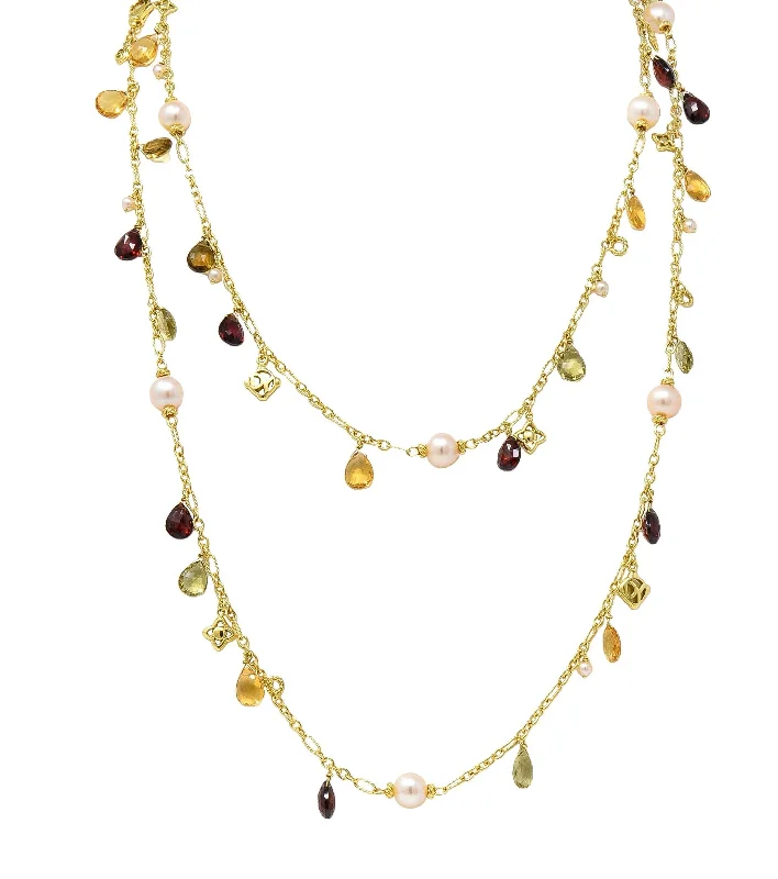 classic gold cuff bracelet David Yurman Pearl Multi-Gem Citrine Garnet Quartz 18 Karat Yellow Gold Beaded Necklace