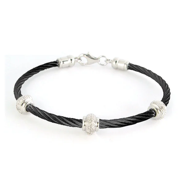 boho beaded statement necklace Diamond Cable Bracelet, Blackened Steel, Sterling Silver Stations