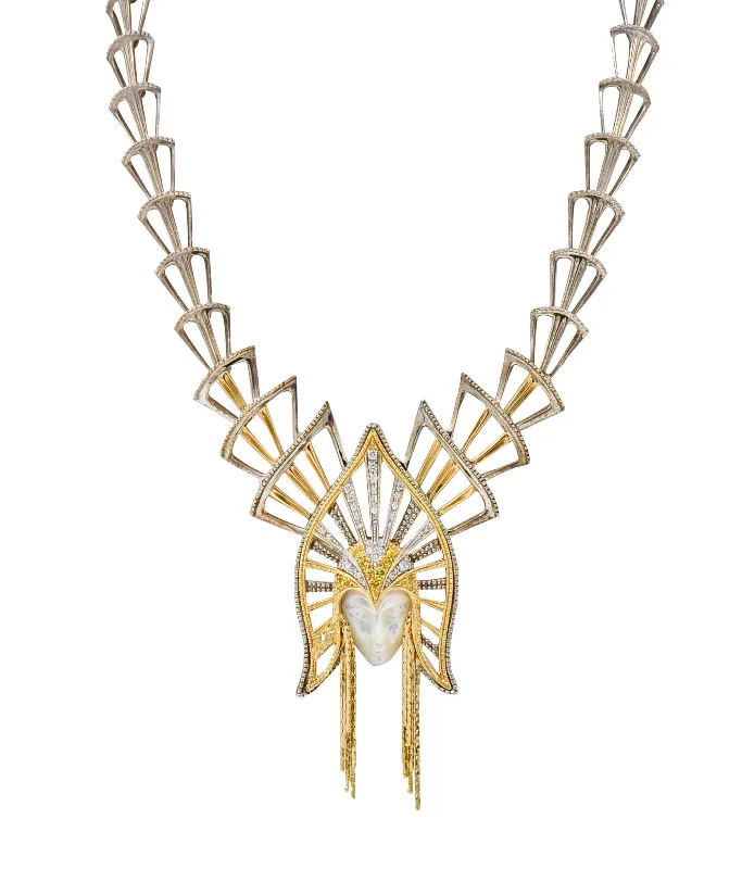 eternity ring for anniversary Erté 1980s 1.45 CTW Diamond Yellow Sapphire 14 Karat Gold Silver Mystere Mask Brooch Necklace