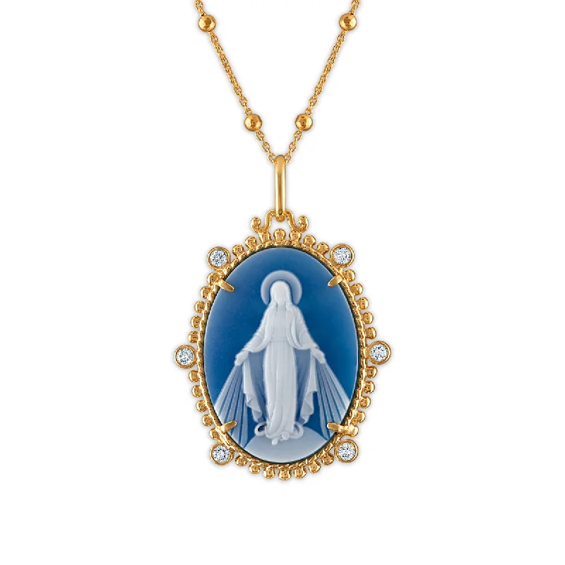 unique wooden bead necklace Frank Ronay Collection Blue Agate and Cubic Zirconia 25X18MM 20-inch Virgen Milagrosa Pendant in 18KT Yellow Gold Plated Sterling Silver