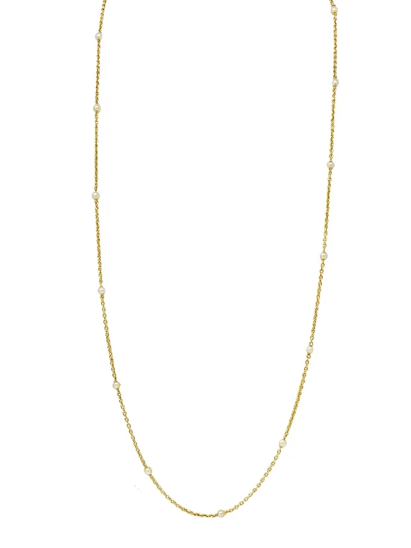 tiny gold huggie hoops French Victorian Pearl 18 Karat Yellow Gold 34 3/4 IN Long Cable Link Antique Station Necklace