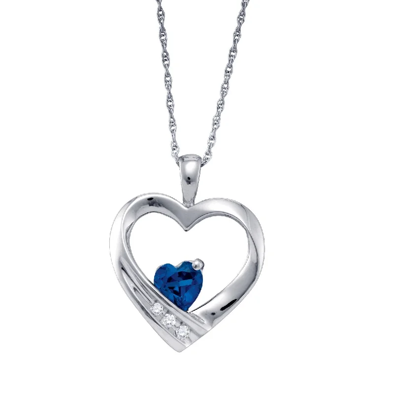 dainty gemstone chain bracelet Heart Shape Blue Sapphire and Diamond Birthstone 18-inch Pendant in Sterling Silver