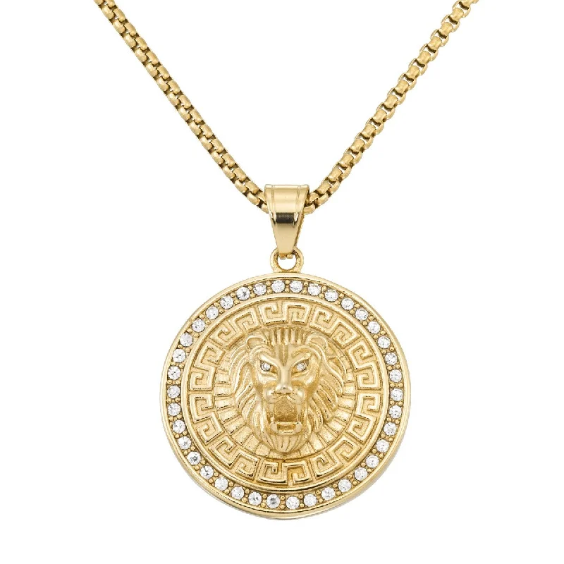 handmade wooden bead necklace King by Simone I Smith Yellow Stainless Steel and Crystal 24-inch Lion Medallion Pendant