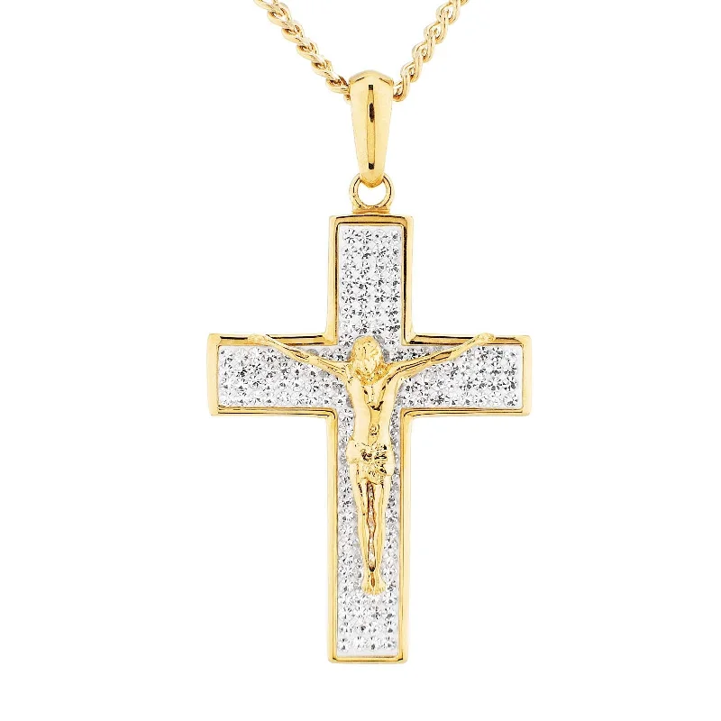 wedding band with diamonds Luxe Layers Yellow Stainless Steel Crystal 24-inch Crucifix Cross Pendant
