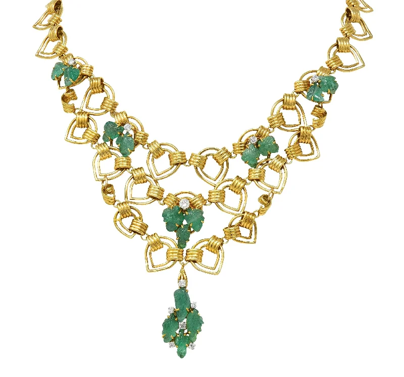 infinity necklace with birthstones Mid-Century Diamond Carved Emerald 18 Karat Yellow Gold Tiered Vintage Necklace