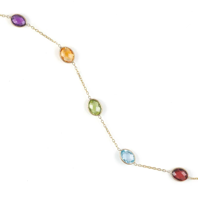 handmade braided leather necklace Multi Color Oval Gemstone Bracelet, 14K Yellow Gold