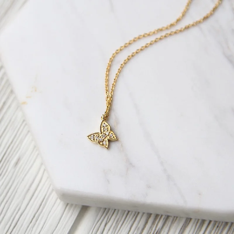 rose gold cubic zirconia earrings Tiny CZ Pave Butterfly Necklace - Gold Vermeil