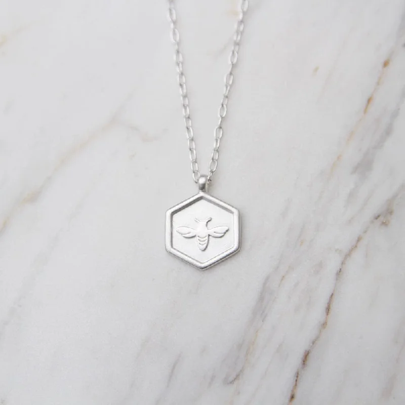 men’s leather and silver bracelet Brushed Sterling Silver Hex with Bee Necklace