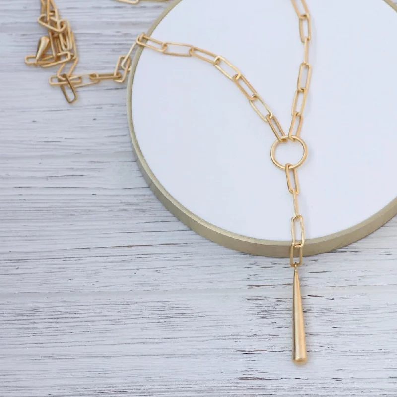hammered gold signet ring Paperclip Y Drop Necklace - Gold Plate