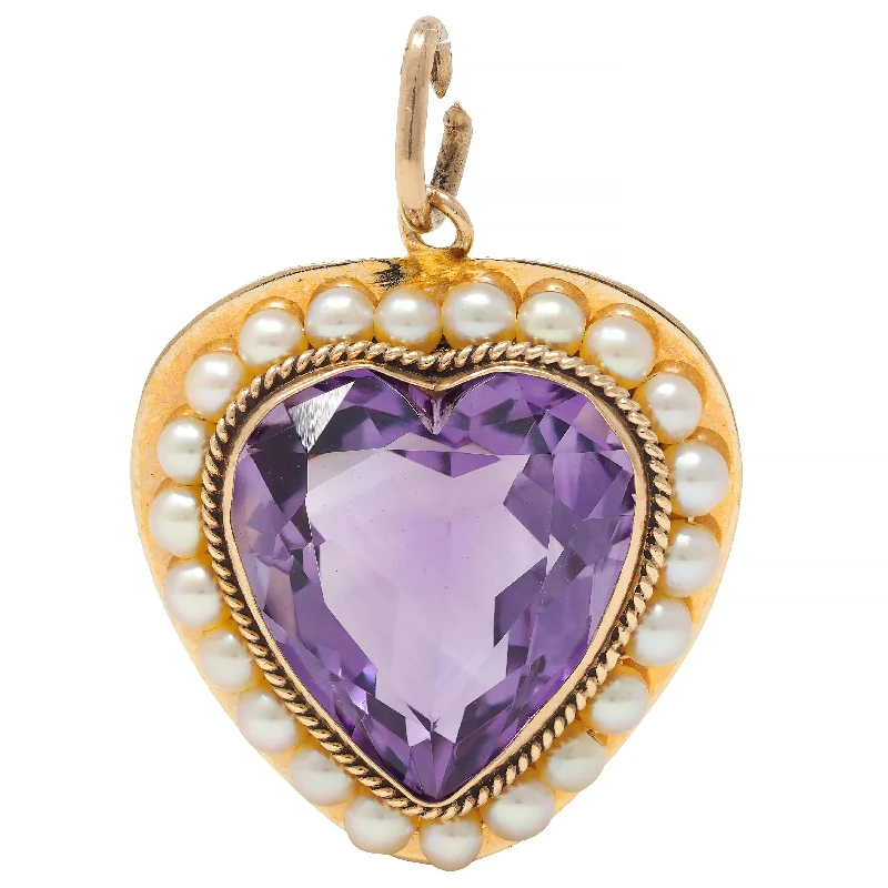 gold initial bracelet personalized Retro Amethyst Pearl 14 Karat Yellow Gold Vintage Heart Pendant