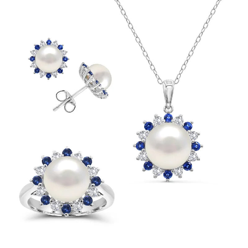 real garnet stacking rings Round Pearl and Sapphire Box Set 18-inch Pendant in Sterling Silver
