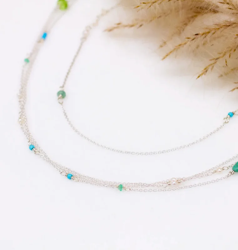 silver feather charm necklace Three Strand Necklace with Turquoise, Pearl and Peridot