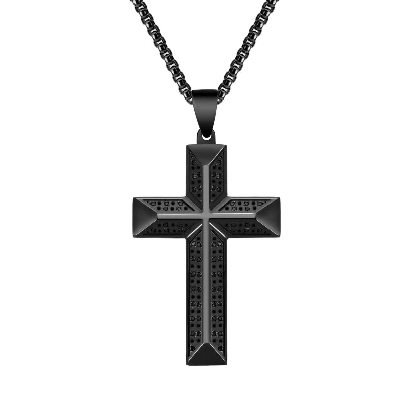 vintage diamond pendant necklace Titán by Adrian Gonzalez Black Stainless Steel 1/3 CTW Diamond 32X48MM 24-inch Cross Pendant