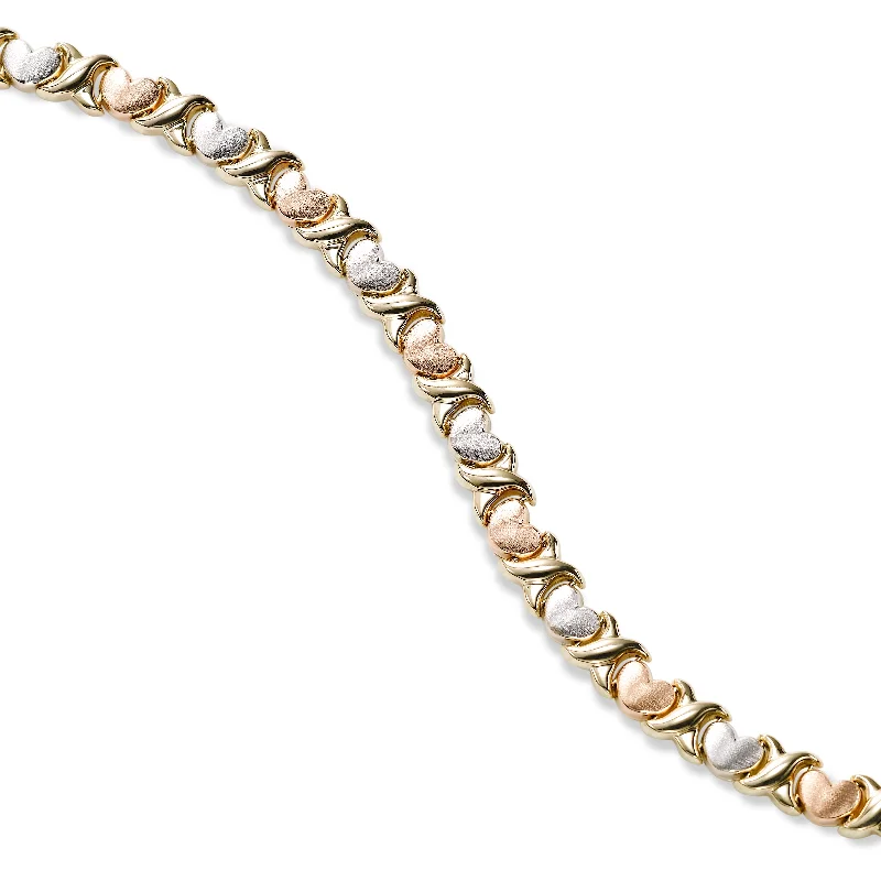 personalized couples ring engraved Tricolor Hugs and Kisses Bracelet, 14 Karat Gold