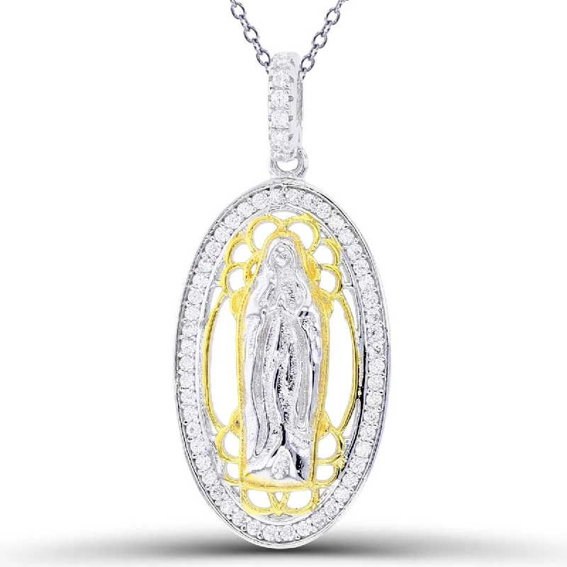 classic silver pearl earrings Two-Tone Sterling Silver Cubic Zirconia 31X14MM 18-inch Religious Guadalupe Pendant