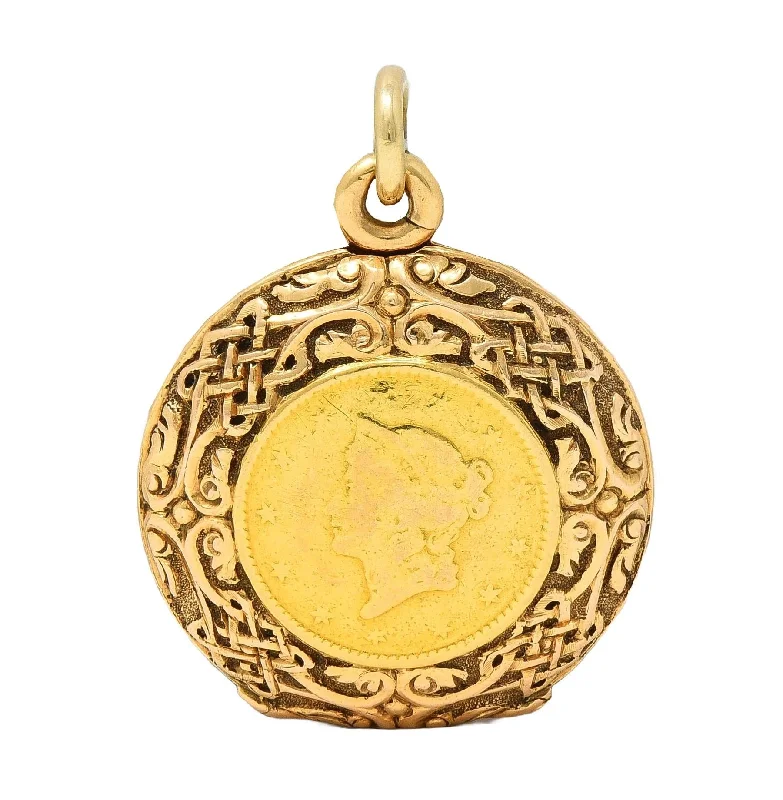 minimalist disc pendant necklace Victorian 14 Karat Rose Gold 1853 US Liberty Dollar Coin Antique Celtic Locket Pendant