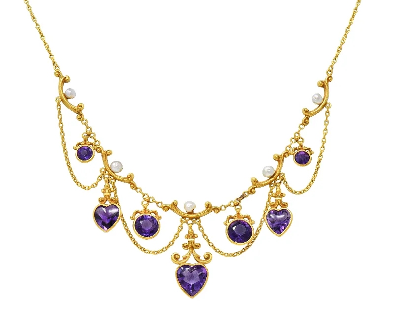 modern geometric gold ring Victorian Amethyst Pearl 14 Karat Yellow Gold Antique Swagged Heart Necklace