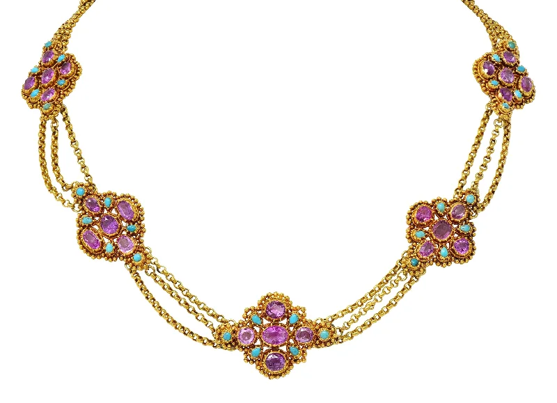 vintage filigree locket necklace Victorian Etruscan Revival Pink Sapphire Turquoise 18 Karat Gold Antique Swagged Station Necklace