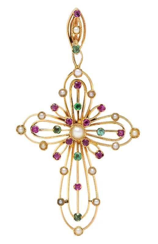 celestial sunburst ring gold Victorian French Antique Emerald Ruby Pearl 18 Karat Gold Cross Pendant