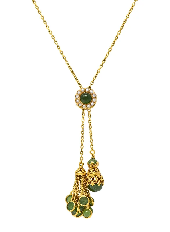 custom engraved wedding band Victorian Jade Pearl 14 Karat Yellow Gold Antique Negligee Slide Necklace