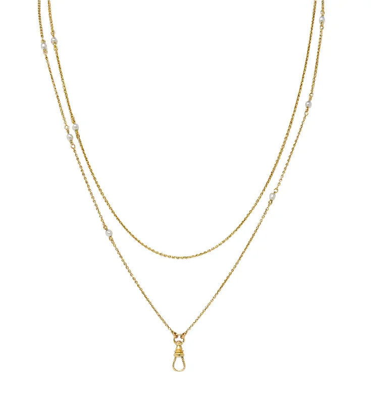 elegant drop earrings wedding Victorian Pearl 14 Karat Yellow Gold Antique Station Fob Chain Necklace