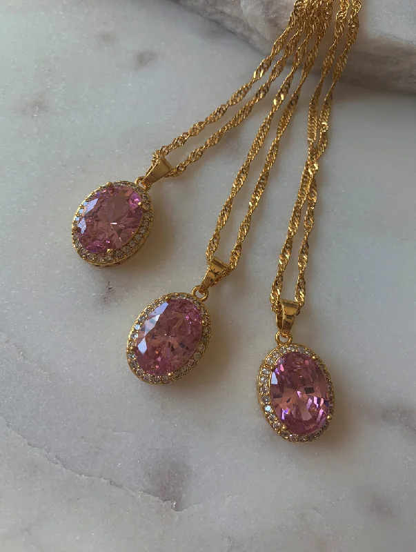 minimalist gold crescent moon necklace 18K Gold Filled Pink Oval Gem Necklace