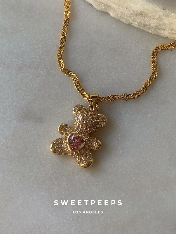 boho gold leaf ring Adorable Pink Teddy Necklace