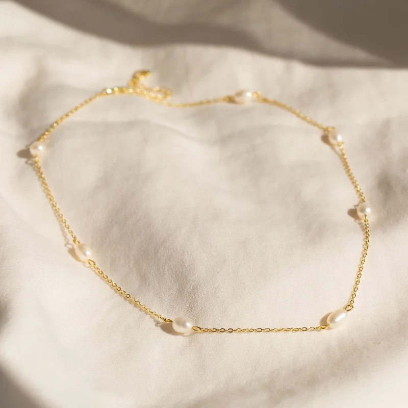 modern geometric gold ring Anna Pearl Station Necklace