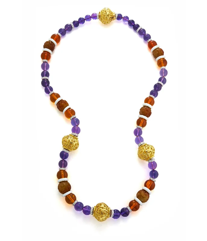 boho beaded statement necklace Bead Necklace, Amethyst, Amber