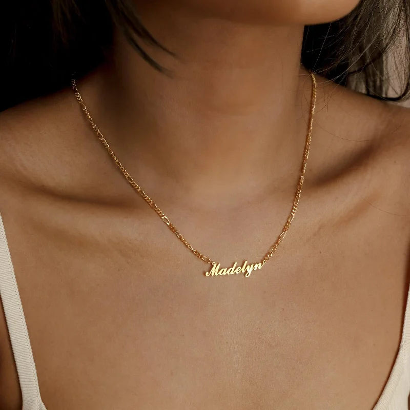 sapphire princess cut ring Carrie Name Necklace in Figaro Chain