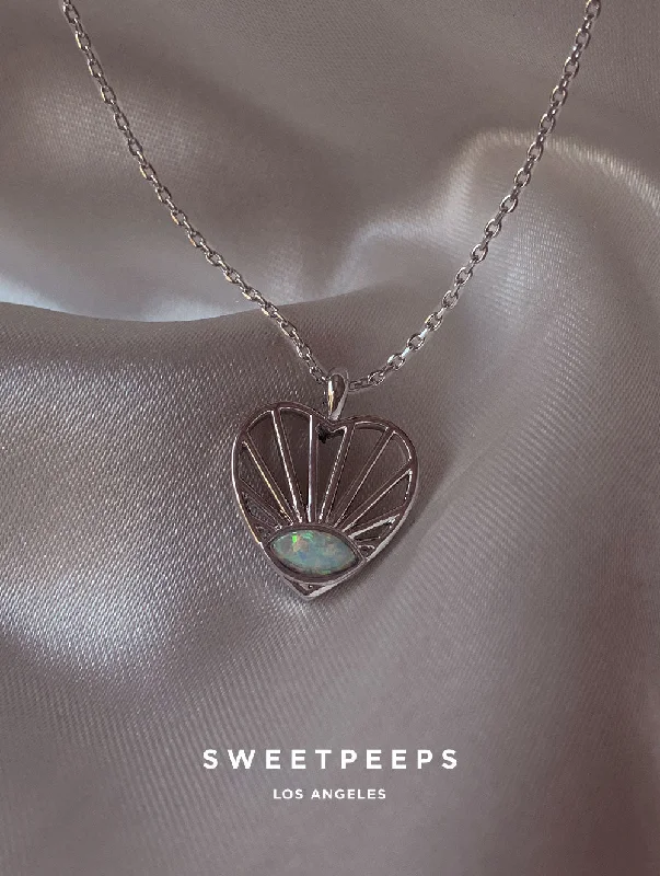 personalized couples ring engraved Charming Opal Heart Rays Necklace - Silver