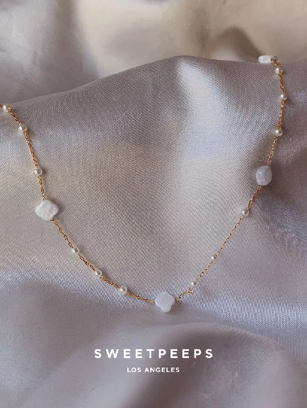 sapphire halo engagement ring Connie Pearl Beaded Necklace