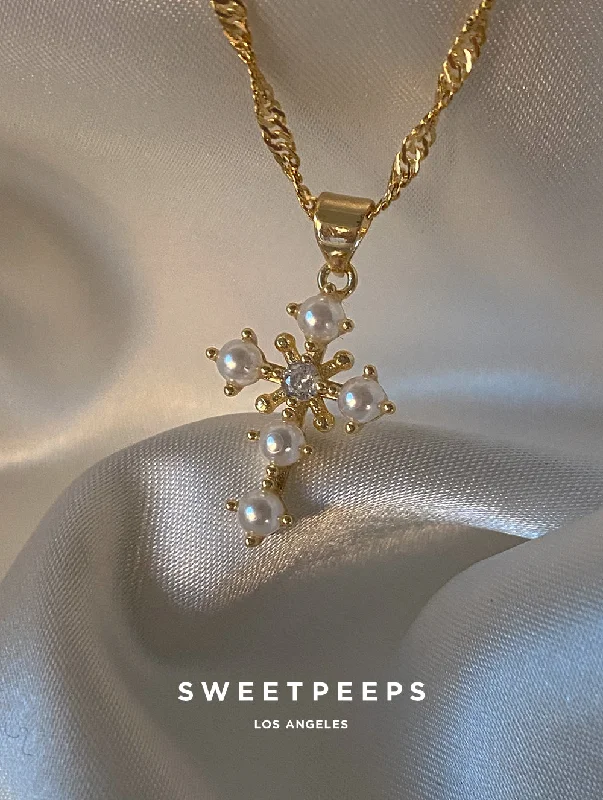 dainty birthstone ring for women Cross Pearl Necklace