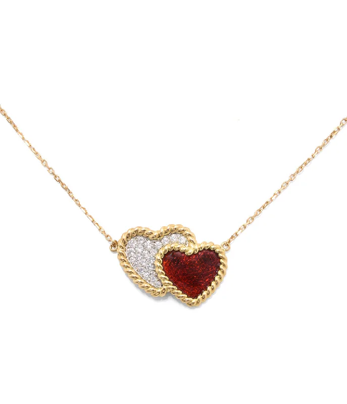 vintage-inspired gold locket Double Heart Pendant Necklace, Red Enamel