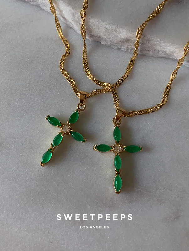hammered silver pendant necklace Emerald Cross Necklace