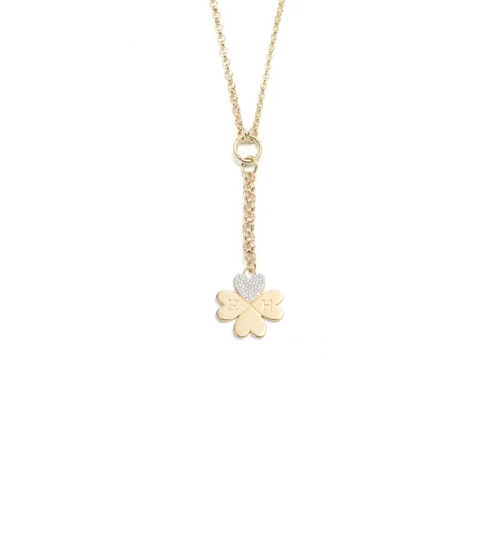 vintage lock and key necklace Pave Diamond Engravable Four Heart Clover : Small Mixed Belcher Necklace