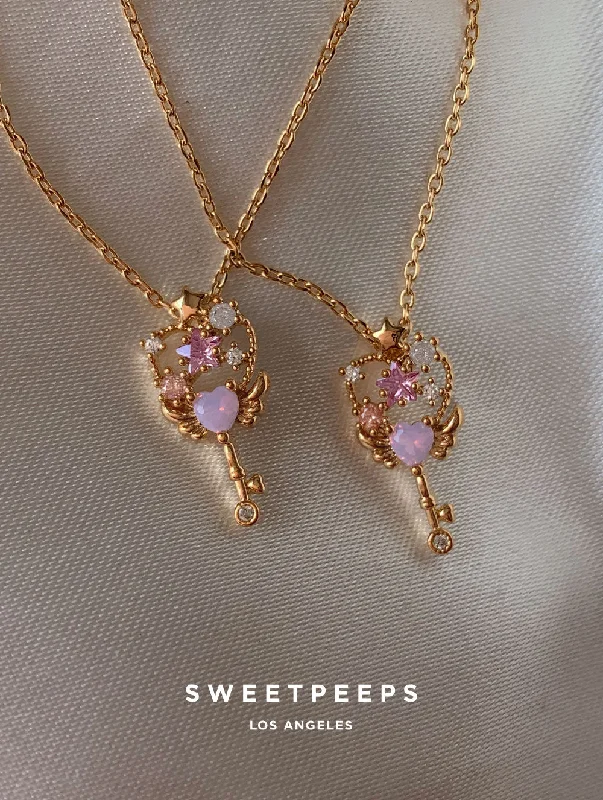 vintage-inspired moonstone necklace Heart Wings Wand Necklace